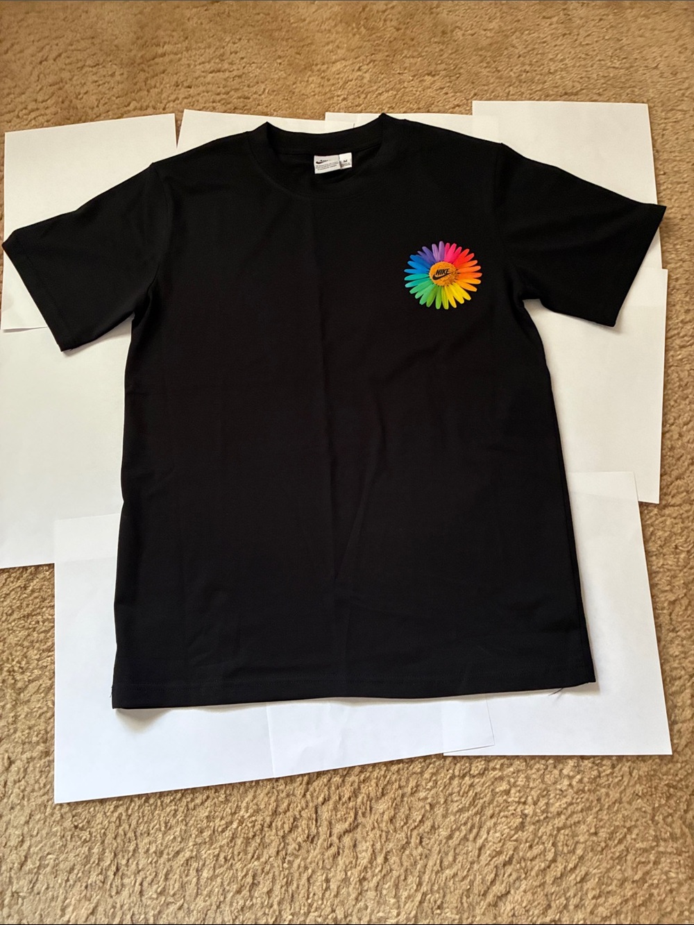 Women Black T‑Shirt with Rainbow Flower Graphic